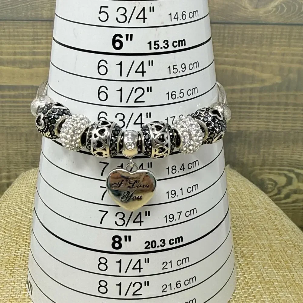 Sterling Silver Fiora Italy Love Charm Bracelet Black White Rhinestone 7 inch